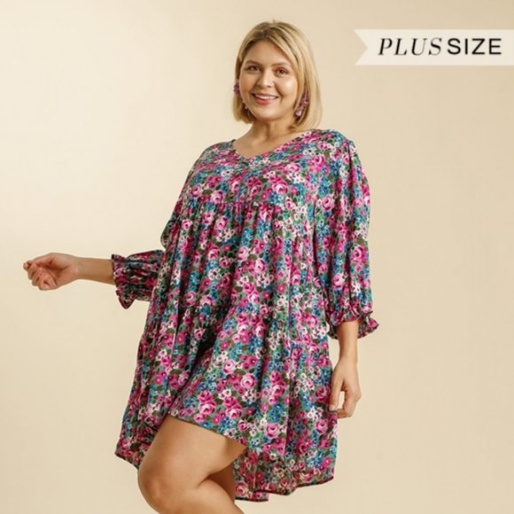 Umgee Dresses & Skirts - Umgee Plus Green Floral Button Babydoll Dress